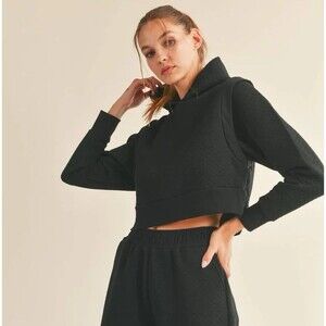 KIMBERLY C BLACK QUILTED CROP HOODIE Looking Good As Always Medium NWT